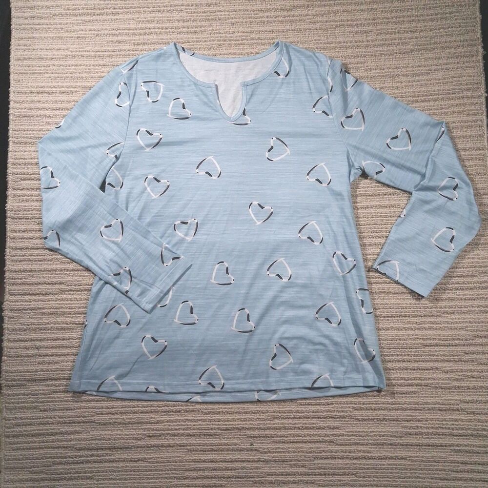 Blue Heart Print Notch Neck Long Sleeve Shirt Women’s Large Polyester Spandex